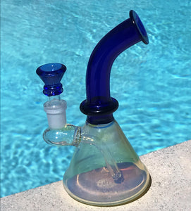Handmade Thick Fumed Glass Beaker 6" Rig With Blue Neck 14mm Bowl