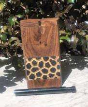 4" Natural Wood Stash Box in Leopard Design w/Black Metal Push Down Rod